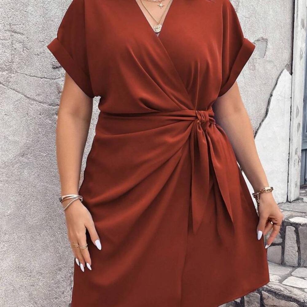 SHEIN Terracotta Tie-Front Midi Dress - Picture 2 of 6